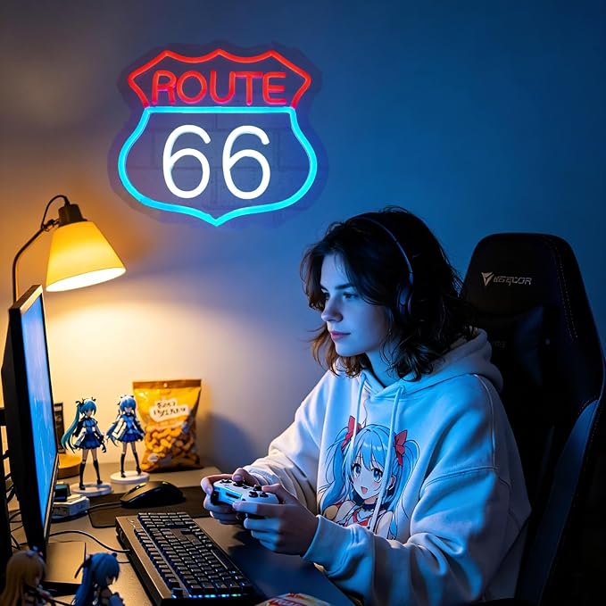 Route 66 Neon Sign, LED Light Room Decor for Bedroom Living Room Gaming Room Man Cave Home Party Birthday for Family Friends Kids