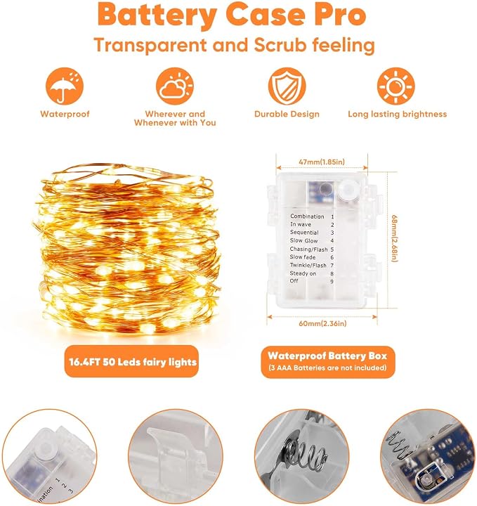 Ariceleo 2 Pack 16.4 Ft. Battery Operated Outdoor String Lights with Remote & Timer, LED Warm White Fairy Lights, Waterproof Twinkle Lights for Bedroom, Dorm, Mason Jar, Wedding, Party, Christmas