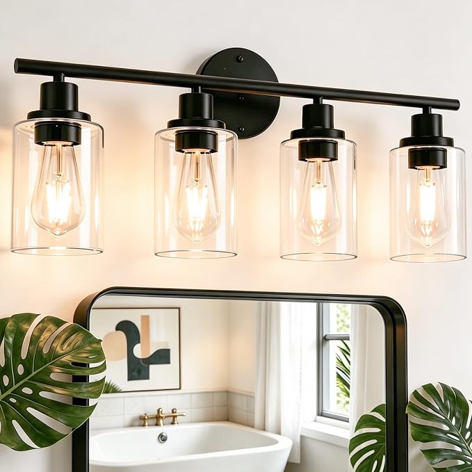 LEDVANCE Sylvania 23" Modern Bathroom Light Fixture with 4 Clear Glass Shades, Iron with Black Finish, E26 Medium Base, Vanity Lights for Bathrooms, Foyers, Entryways - 1 Pack (67905)
