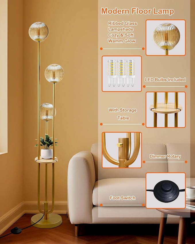 Lightdot Amber Glass Floor Lamp with Shelf 63IN Dimmable Mid Century Modern Gold Standing Lamps 3000K Bulbs Included Globe Floor Lamp with 5Lbs Heavy Base for Living Room/Wedding/Sofa Beside/Corner