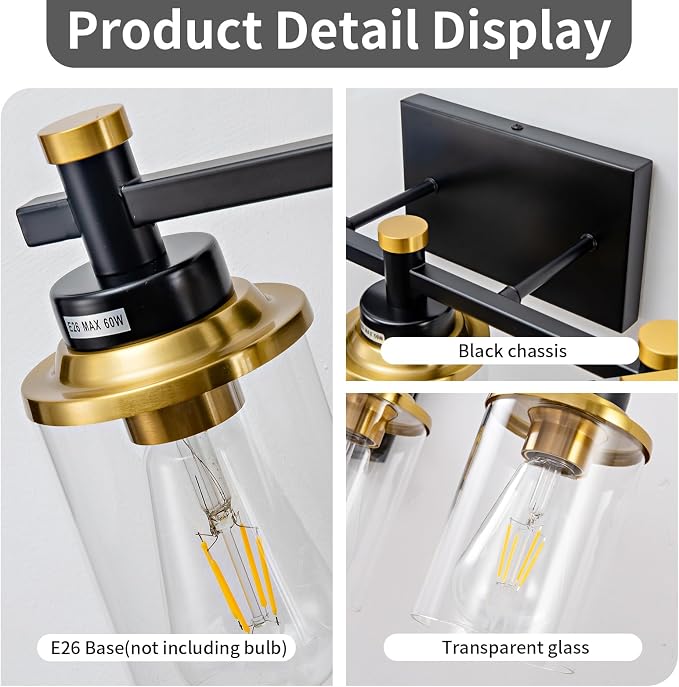 6 Bathroom Vanity Lights, Black and Gold Bathroom Light Fixtures, Sconces Wall Lighting with Clear Glass Shade, Modern Brushed Gold Vanity Lighting Fixtures for Bathroom, Bedroom, Hallway