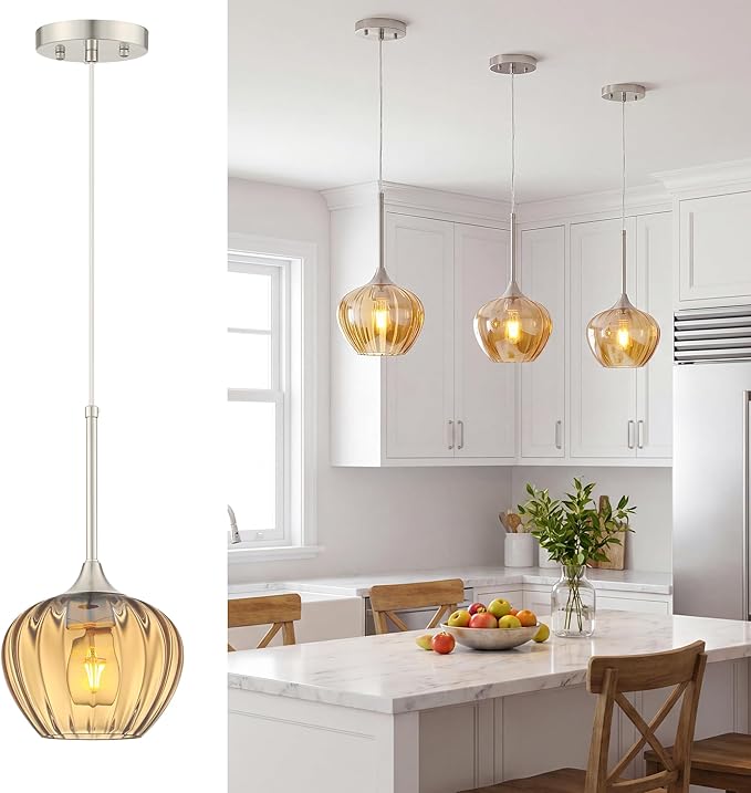 Amber Pendant Lights Kitchen Island, 7.7" Modern Glass Adjustable Pendant Lighting Brushed Nickel Hanging Light Fixtures for Kitchen, Dining Room, Sink, Bathroom