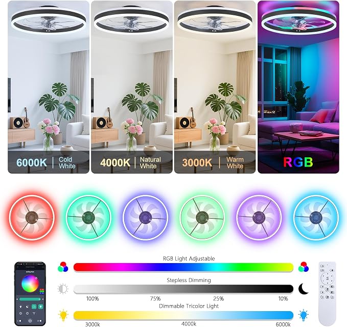 RGB Ceiling Fan with Light, 20'' Low Profile Ceiling Fans, Black Flush Mount LED Fan Light with Remote Control, Modern Bladeless Fandelier for Bedroom, Living Room, Kitchen