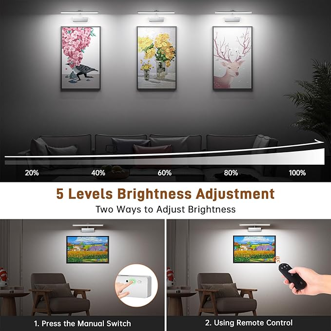 Picture Light, 15.35inch Wireless Picture Lights for Wall Rechargeable, Battery Lights for Pictures on Wall, 3 Color Art Lighting for Paintings with Timer and Dimmable Artwork Display (Silver-2PCS)