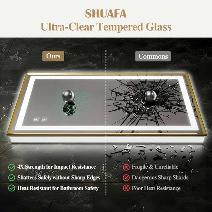 28X36 Inch LED Bathroom Mirror with Lights, Gold Frame Frontlit+ Backlit Bathroom Vanity Mirror for Wall, Ultra-Clear Tempered Glass, Shatter-Proof, Anti-Fog and Memory Function, ETL Listed