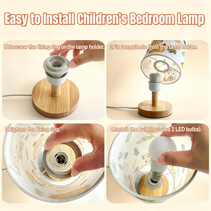 Kids Table Lamp-Night Light for Boys Room,3-Color LED Desk Lamp with Baby Elephant Zebra Giraffe Tiger Pattern Bedside Lamp Safari Animal Lampshade and Wood Base for Living Nursery Child Room Study