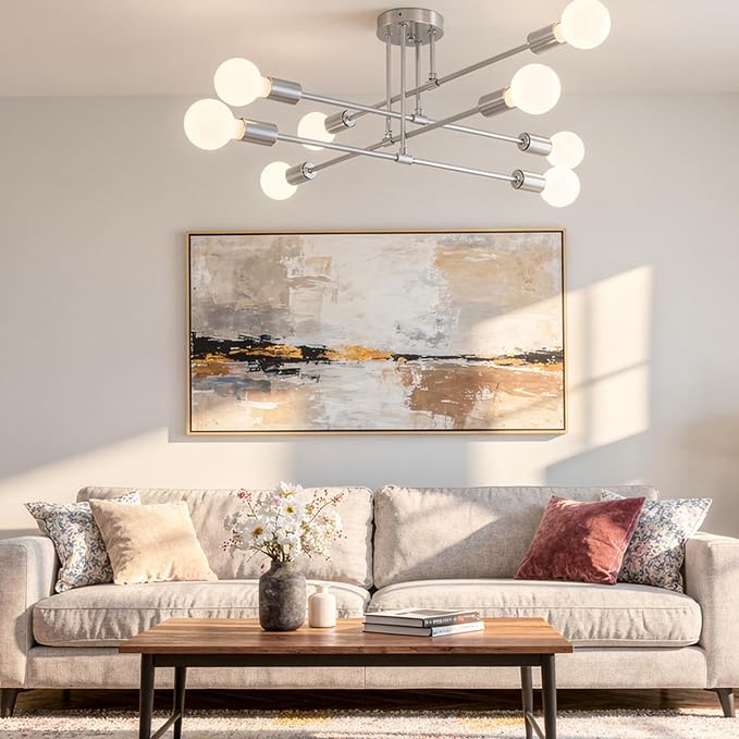 Modern Sputnik Chandelier Ceiling Light Fixtures, 8-Lights Mid Century Industrial Metal Semi Flush Mount for Dining Room, Bedroom, Living Room-Glossy Silver