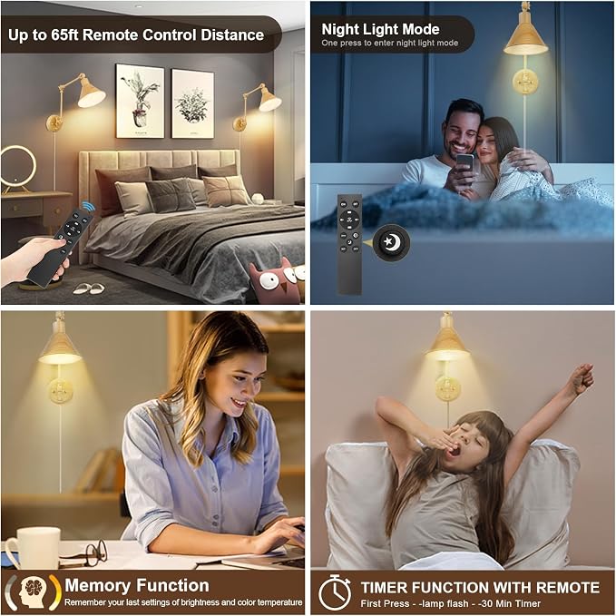 TRLIFE Dimmable Wall Sconce, Remote Control Plug in Wall Sconce Dimming 10%-100% and Adjustable Color Temperature 2700K-6000K, Swing Arm Wall Lights with Plug in Cord, UL Listed(2 Pack, Oak Color)