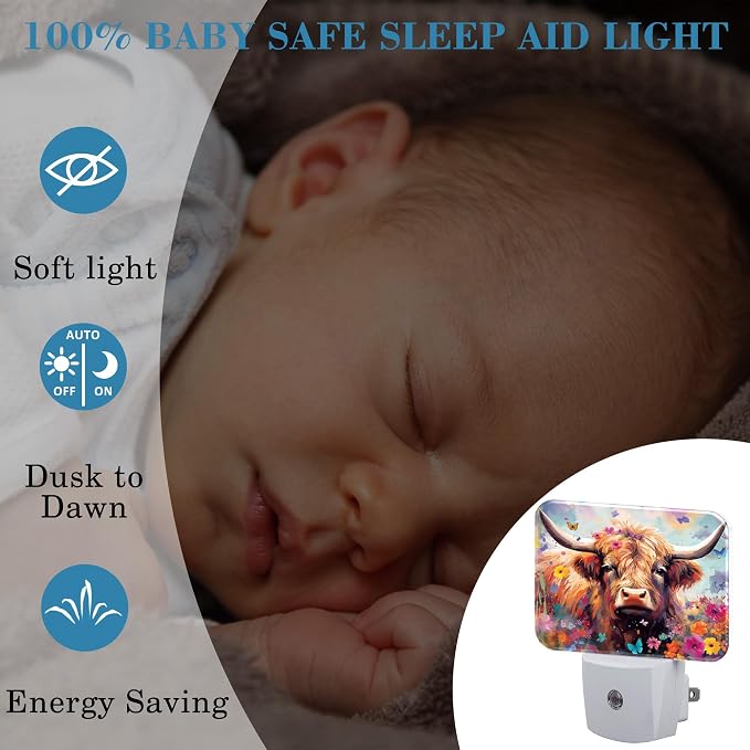 Watercolor Highland Cow Night Light, Flowers and Butterflies Nightlight Plug into Wall with Dusk to Dawn Sensor for Kid Girls Boys Women Men Bedroom, Hallway, Kitchen, Bathroom, Stairs Decor