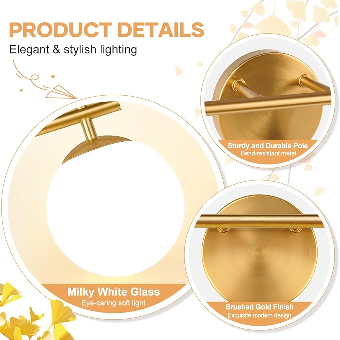 MOKATNG 2-Light Bathroom Light Fixtures, Brushed Gold Vanity Lights for Bathroom with Milky White Glass Shade, Bathroom Lighting Fixtures Over Mirror, Wall Sconce for Bedroom (Bulb Not Included)