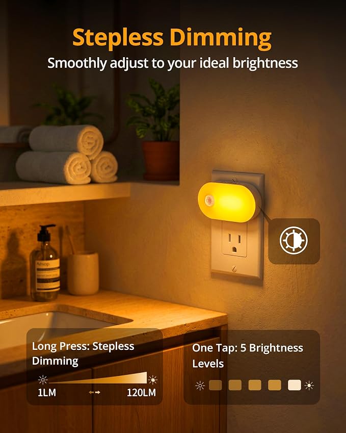 120LM Ultra Bright Plug-in Motion Sensor Night Light, Stepless Dimmable LED Nightlight, Always-On and Auto-Off, for Hallway, Stairs, Bathroom, Bedroom, Garage, Amber (2-Pack)