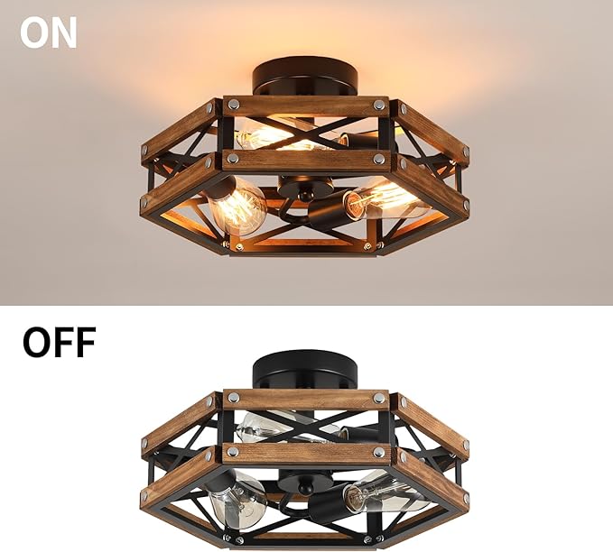 2 Pack 3-Light Rustic Farmhouse Wood Flush Mount Ceiling Light Fixture Oak Wood and Metal Cage Semi Flush Mount Ceiling Light for Hallway Hall Entry Bedroom Kitchen Farmhouse, Black