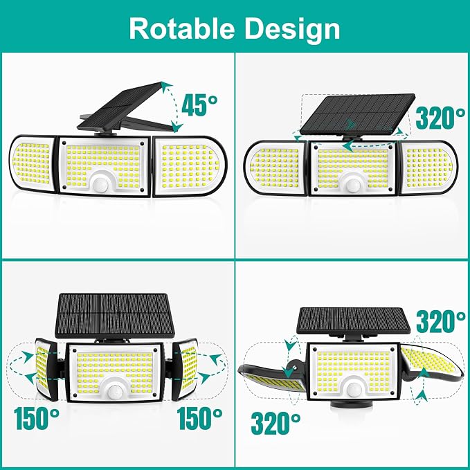Solar Motion Sensor Lights Outdoor, 3000LM 3 Adjustable Heads Security Flood Light with Remote Control, IP65 Waterproof 270° Wide Angle Solar Wall Lights for Garage Yard Patio Driveway, 4 Pack