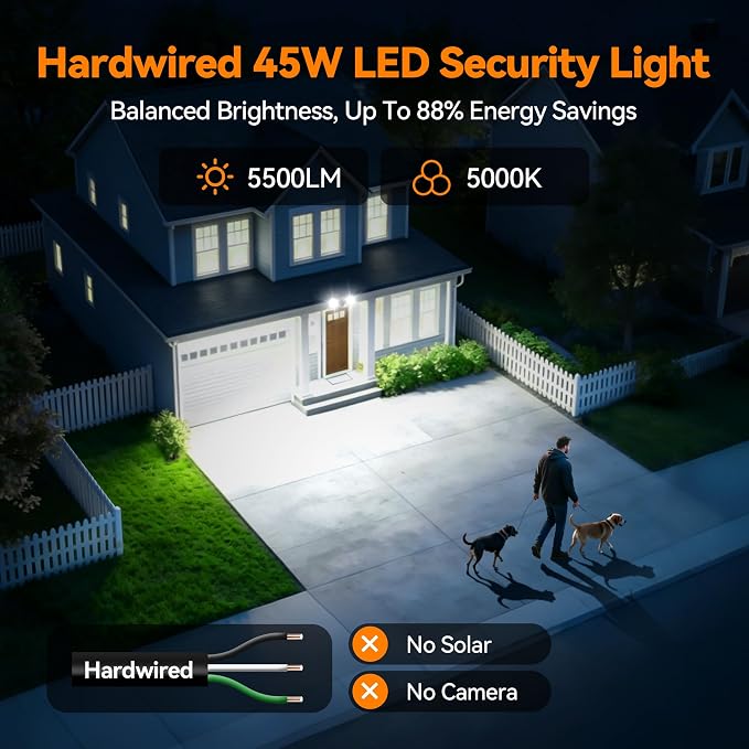 45W 5500LM Outdoor Flood Lights, Dual Head Wall Switch Controlled LED Exterior Flood Light, 5000K Daylight, IP65 Waterproof Hardwired Security Light for Outside Garage Yard (Brown)