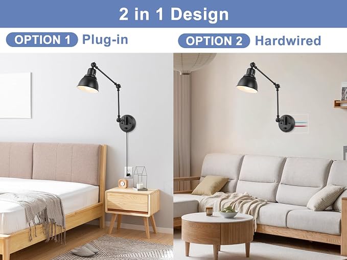 GOODATE 2 Pack Plug in Wall Sconces, Dimmable On Off Switch, Swing Arm Wall Lamps, Wall Sconces Set of Two, Black Metal Industrial, Plug-in or Hardwired (Black, Without Bulbs+Remote)