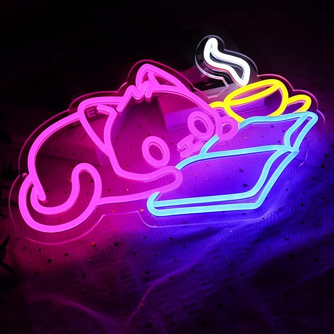 Cat Reading Book Neon Sign for Wall Decor, Cute Cat Led Signs for Library, USB Dimmable Neon Lights for Classroom Reading Cafe Corner Bedroom Study Room Home Book Club Motivational Wall Art