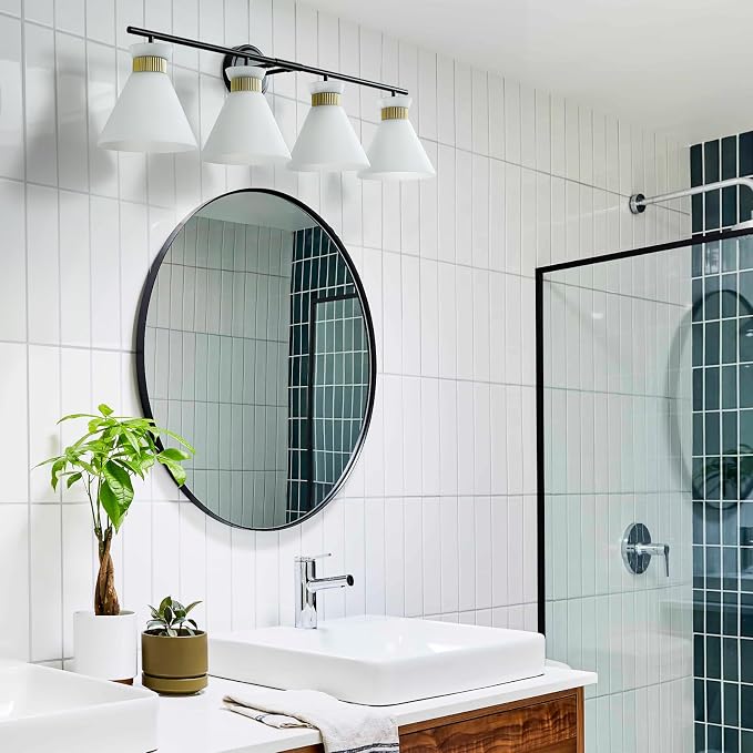 WOSHITU Bathroom Vanity Light Fixtures: 4-Light Mid Century Modern Vanity Lights for Bathroom Over Mirror, Black and Gold Wall Sconce Lighting with Frosted Milky Glass for Bath Bedroom
