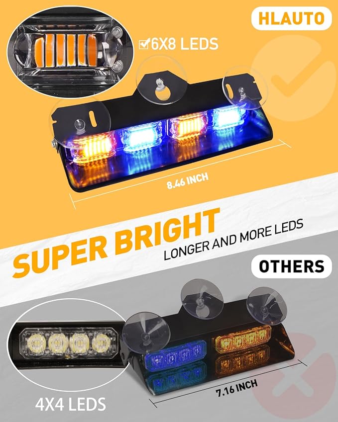 HLauto 2002L Emergency Dash Strobe Lights: Amber Blue Safety Lights, Flashing Warning Hazard Windshield Visor Traffic Light Bars for Trucks, Construction Vehicles (2x8.5 inch, 48LED)