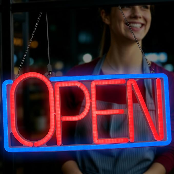 Neon Open Signs for Business, 16.54" X 7.87" Dimmable LED Open Sign, Bright Open Sign for Business for Window Storefronts, Restaurant,Bar, Retail Shops, Salon (Blue+Red)