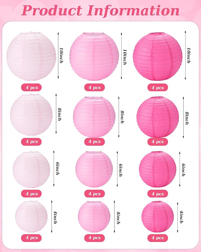 Treela 48 Pcs Paper Lanterns Party Decorations Round,Pink Series