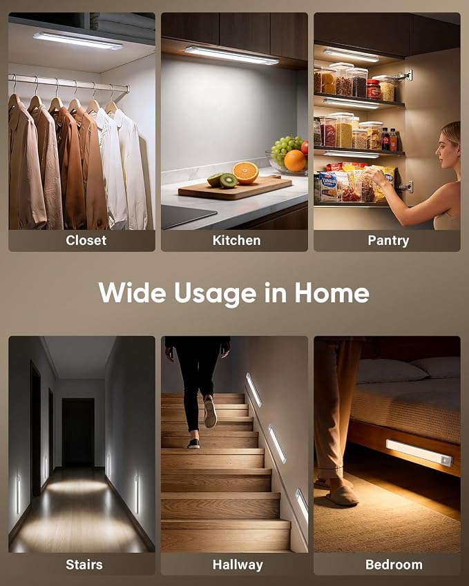 MCGOR 5 Pack 14.7inch Under Cabinet Lighting, Rechargeable Motion Sensor Light Indoor with 3 Color Temps, Dimmable Magnetic Led Closet Lights, Wireless Under Counter Lights for Kitchen, Stairs