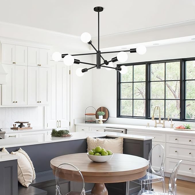 Sputnik Chandeliers Dining Room Light Fixture (8-Light, 30-Inch), Modern Black Chandelier, Height Adjustable Mid Century Modern Chandeliers for Dining Room Kitchen Island (Bulbs Not Included)