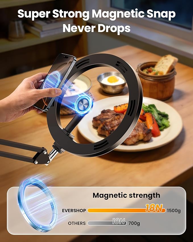 Magnetic Overhead Ring Light for Desk, 10” Selfie Light with Stand Tripod for iPhone, Adjustable Overhead Phone Mount with MagSafe-Compatible Holder for Recording, Vlogging, Crafts, TikTok, YouTube
