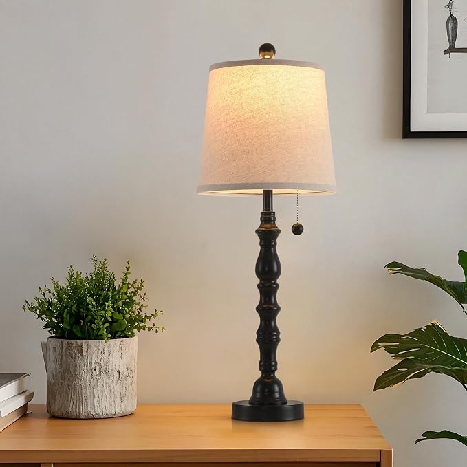Terpsichore Modern Farmhouse Table Lamp Bedside Reading Lamps Living Room End Tables Set Lamps for Night Stands Bedroom Night Lamp,High 26.26 Inch,Black,with Fabric Lamp Shade,Bulb Not Included