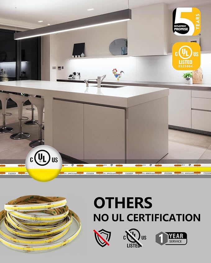 EMITEVER COB LED Strip Lights Cool White 5000K,UL 24V,16.4ft 2400LEDs | Ra 90+,IP30,3W/ft,305+Lumens/ft,5 Year Warranty(Power Supply Sold Separately)for bedroom,living room,kitchen