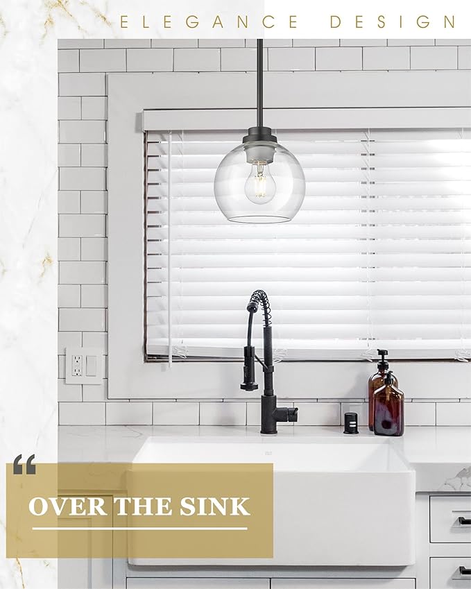 Pendant Lights Kitchen Island, 7" Modern Black Hanging Lights Fixtures with Clear Glass Globe Shade, Kitchen Island Lighting for Bathroom, AD-22280-1P-BK-C