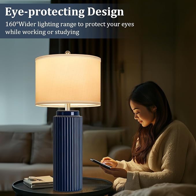 28" Dark Blue Ceramic Table Lamps Set of 2, Modern Nightstand Lamp | Bedside Table Lamps with White Linen Shade, Larger size, Farmhouse Home Decor for Living Room Bedroom Office End Table Dorm