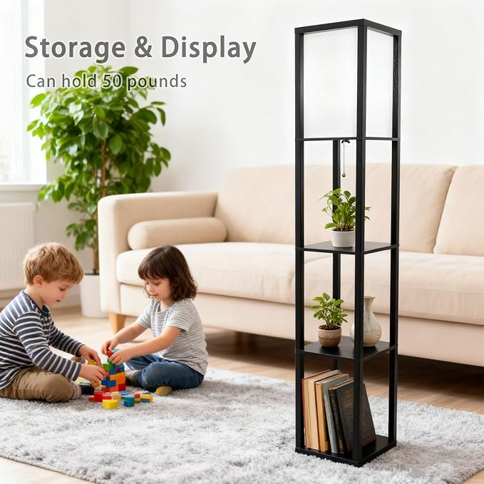 Floor Lamp with Shelves, Modern Square Shelf Lamp for Living Room, Corner Standing Lamp with Shelves for Bedroom, Office, Display Shelves with Light, Home Decor