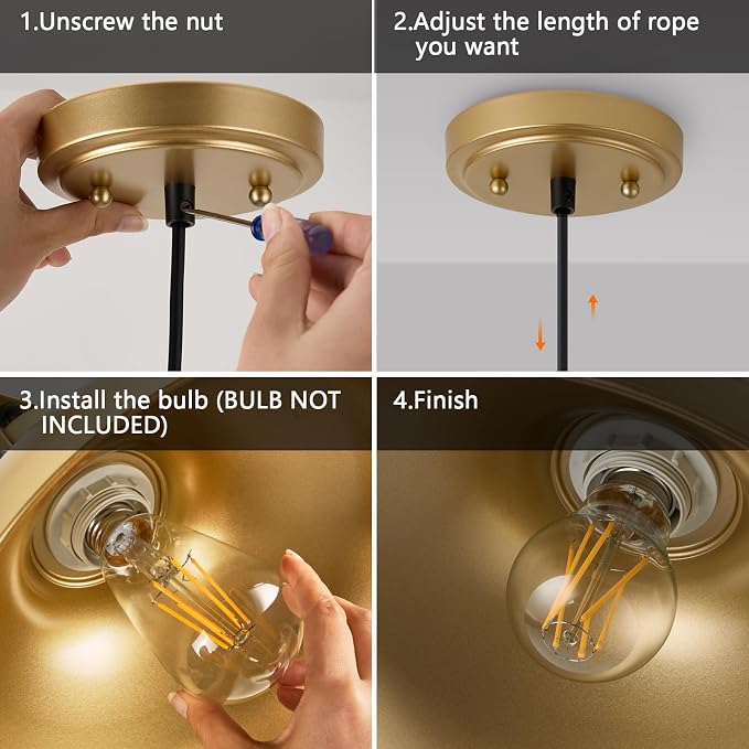 Gold Modern Pendant Lights Kitchen Island Fixtures | ETL Certificate,Industrial Adjustable Height Vintage Dome Hanging Light Fixtures for Barn,Dining Room 3 Pack