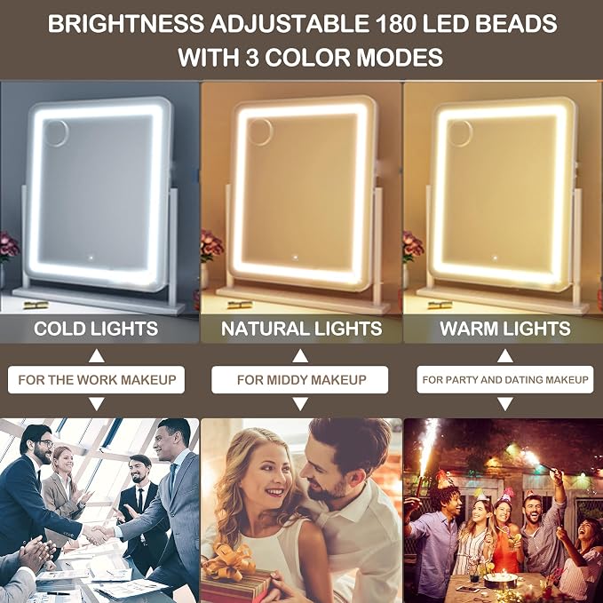 Gvnkvn Lighted Makeup Mirror, Hollywood Vanity Mirror with Lights, Three Color Lighting Modes, and 5X Magnification Mirror, Smart Touch Control, 360°Rotation (17.2in. White)