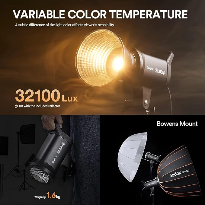 Godox SL100Bi 100W Bi-Color LED Video Light – 32,100 Lux@1M, 2800K-6500K, CRI 96+, TLCI 97+, Bowens Mount, 11 FX, App & Remote Control, Silent Studio Bright Lighting for Video & Photography