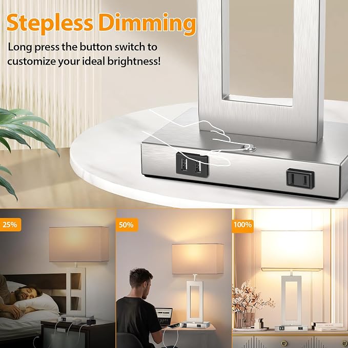 Table Lamps for Bedrooms Set of 2, 27.2’’ Tall Modern Silver Lamps for Living Room Nightstand, Touch Control Bedside Lamps with 2 USB Ports&AC Outlet, Stepless Dimming, 3 Color Temp. Bulbs Covered