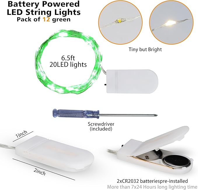 12 Pack Fairy Lights Battery Operated String Lights - 7ft 20 LED Waterproof Silver Wire Firefly Lights for DIY Wedding Décor Table Centerpieces Craft Mason Jars Party Decor（Green）