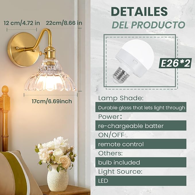 Vintage Battery Operated Wall Sconces Set Of Two, Indoor not Hardwired Brass Transparent Glass Lampshade Fixtures, Rechargeable Wireless RGB Wall Lights with Dimmable Remote, for Bedroom Living Room