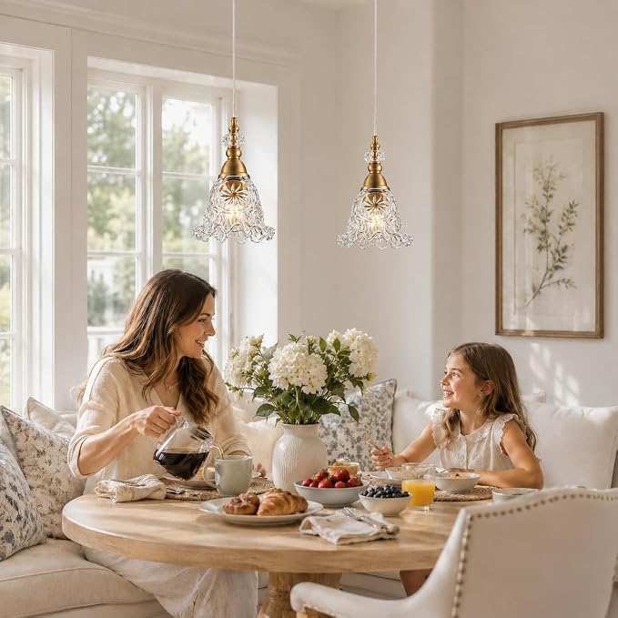Vintage Pendant Lights Set of 2 Glass Kitchen Pendant Lighting over Island | Height adjustable,E26 base, work on different ceiling,Combined Ceiling and pendant,6.5in pendant lights for kitchen island