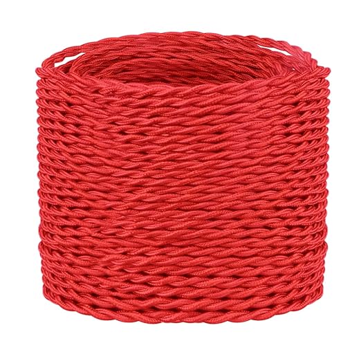 Helunsi 32.8ft Twisted Cloth Covered Wire, Red 182 Cloth Covered Electrical Wire, 18 Wire Gauge 2-Conductor Fabric Covered Lamp Cord, Vintage Twisted Cloth Covered Wire, for DIY Projects (Red)
