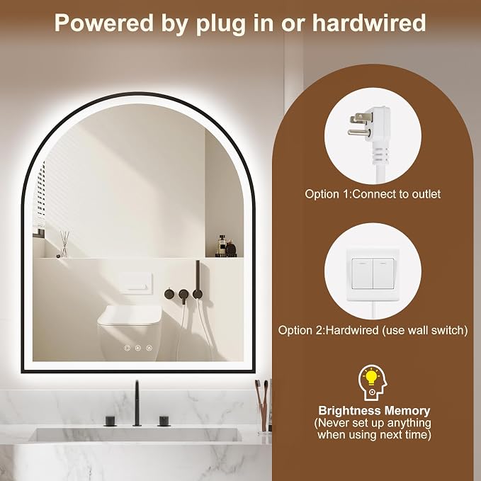30.1"x36.1" Arched LED Lighted Bathroom Mirror with Lights | Black Aluminum Frame, Fogless, Dimmable, Shatterproof, Touch Sensor, 3 Color Changing