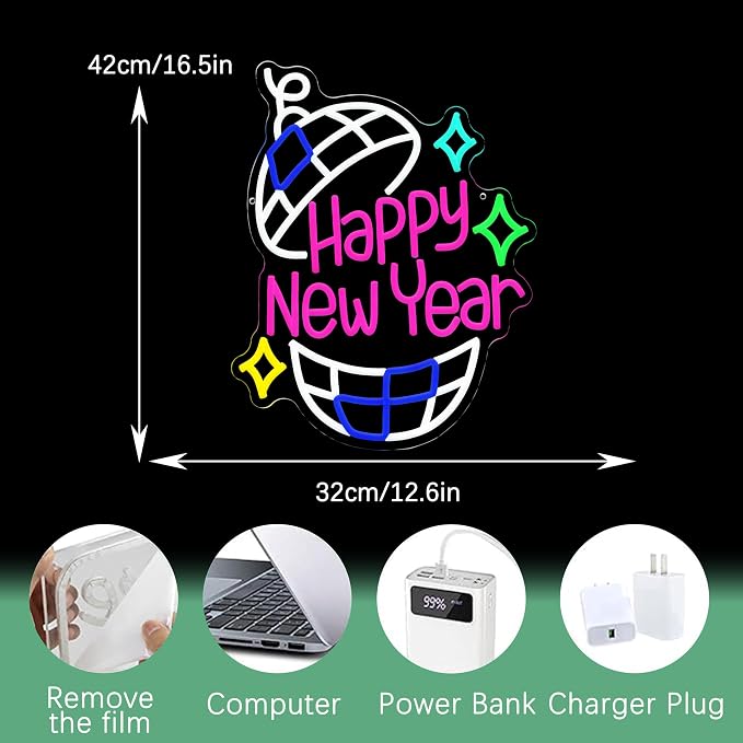 Happy New Year Neon Sign Led Party Light Sign for New Years Eve Decorations Dimmable USB Spring Festival Neon Light for Christmas Holiday Home Bar(16.5 * 12.6 In)