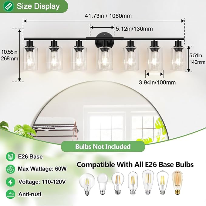 Zarbitta 7-Light Bathroom Light Fixtures, Black Modern Vanity Lights with Clear Glass Shade, Bathroom Wall Lamp, for Mirror, Kitchen, Living Room, Hallway, Cabinet