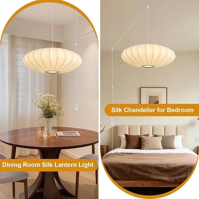 23.6in Plug in Pendant Light Lantern, Large White Silk 3-Light | Plug in Hanging Lamp Wabi Sabi Japanese Bubble Saucer Pendant Chandelier for Living Dinning Room Kitchen Island Bedroom 1PK