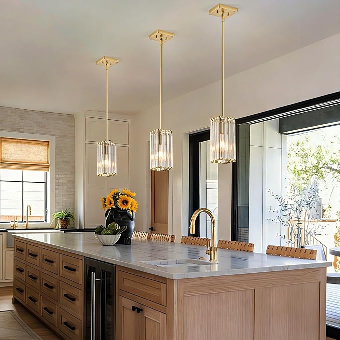 Modern Crystal Pendant Lights Kitchen Island, 3-Pack Brushed Gold Hanging Light with Clear Crystal Shade, Adjustable Height Pendant Lighting for Kitchen Island Dining Room Bedroom Bar Entryway