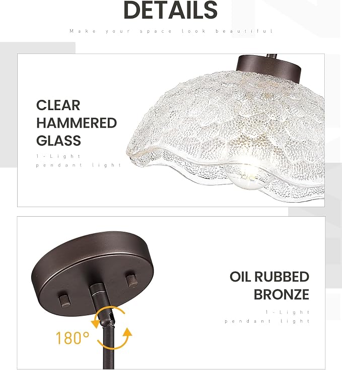 zeyu 2 Pack Pendant Lights, Kitchen Pendant Lighting Island, 10.4'' Glass Pendant Light Fixture with Clear Hammered Glass, Oil Rubbed Bronze Finish, ZJX116M1L-2PK ORB