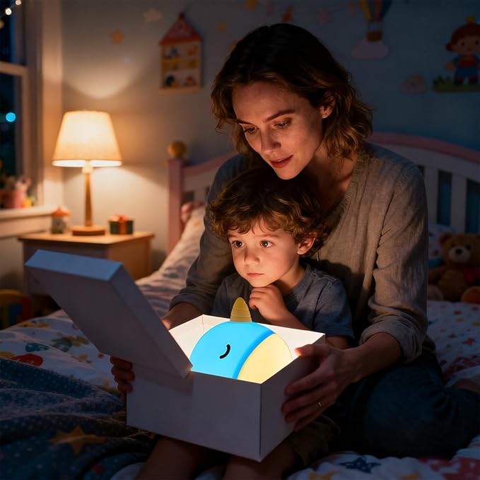 Cute Narwhal Night Light, Tap Control with 3 Warm White Brightness, USB Kids Bed Lamp with 30-Minute Timer, Soft Silicone Glow for Nursery, Birthday Gift(Blue Narwhal)
