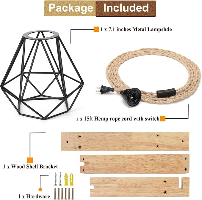 Frideko Plug in Wall Sconce Set of Two,Boho Farmhouse Hanging Wall Lamp with Plug in Cord, Wall Light with Wood Shelf Bracket for Bedroom Living Room Apartment RV Camper(Black 2pcs)