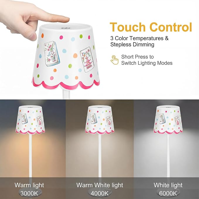 Pickmesh 2 Pack Mahjong Cordless Lamp Scalloped Edge Mahjong Print LED Table Lamp 3 Color Dimmable Rechargeable Modern Lamps for Mah Jong Table Living Room Nightstand Desk(Sweet)