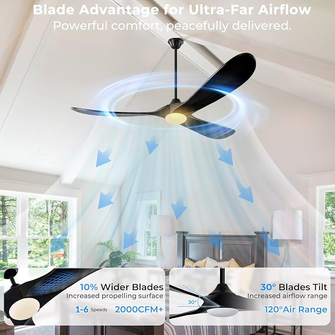 Outdoor Ceiling Fans with Lights-Glass Lamp, 52 inch Damp Rated Wood Propeller Blades for Patios & Porch, Smart APP and Remote Control, 3 Blades Dimmable LED Ceiling Fans, High CFM 6 Speed-Black